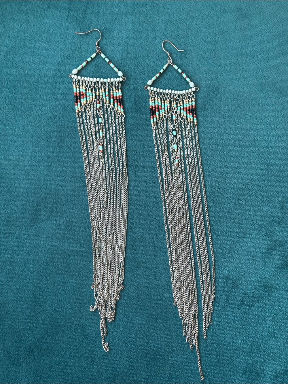Urban Outfitters Silver Chain Fringe Earrings with Turquoise Beads